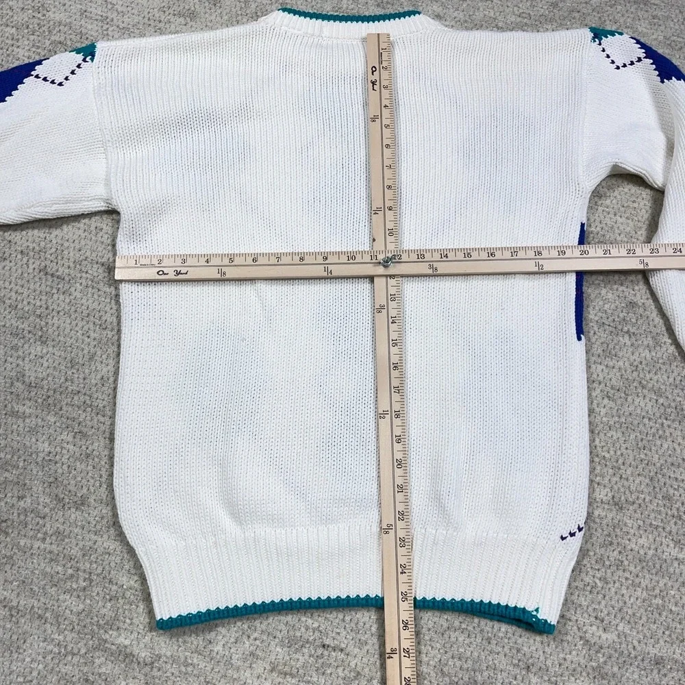 Vintage‎ Grandpa Sweater Men Medium White Teal Diamond Crewneck Heavy Knit 90s *